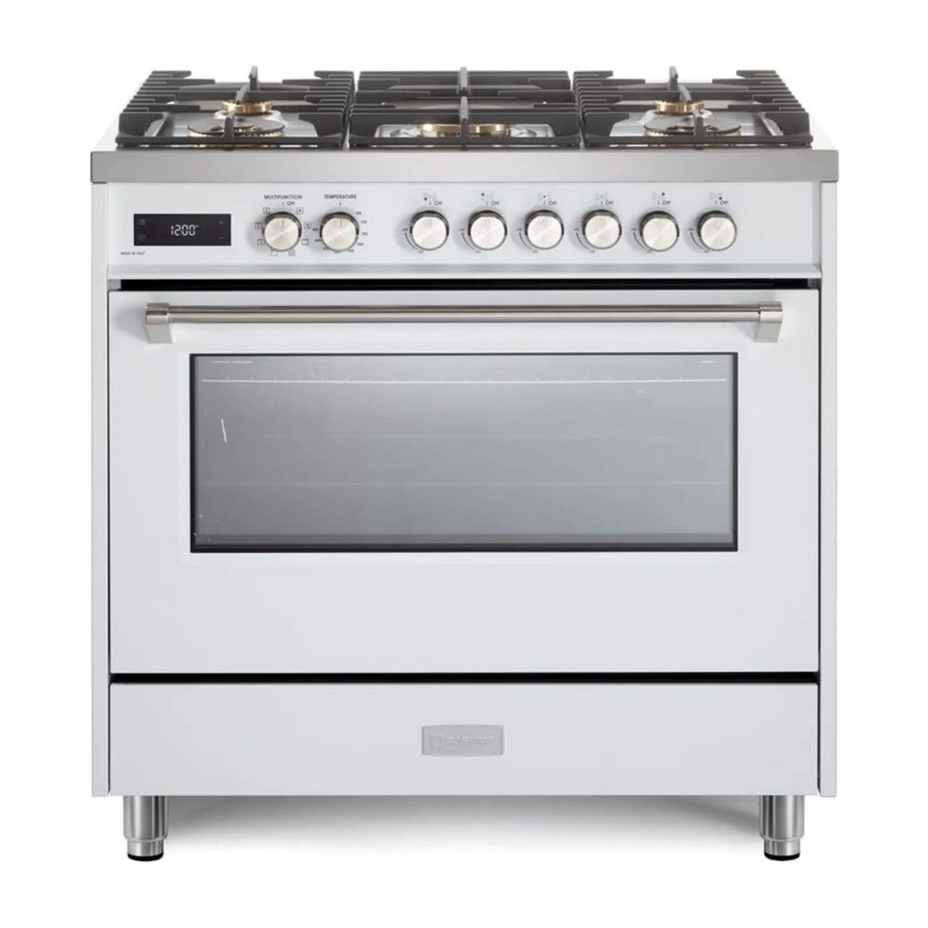 White 36 in dual fuel range with five sealed burners and metal control knobs