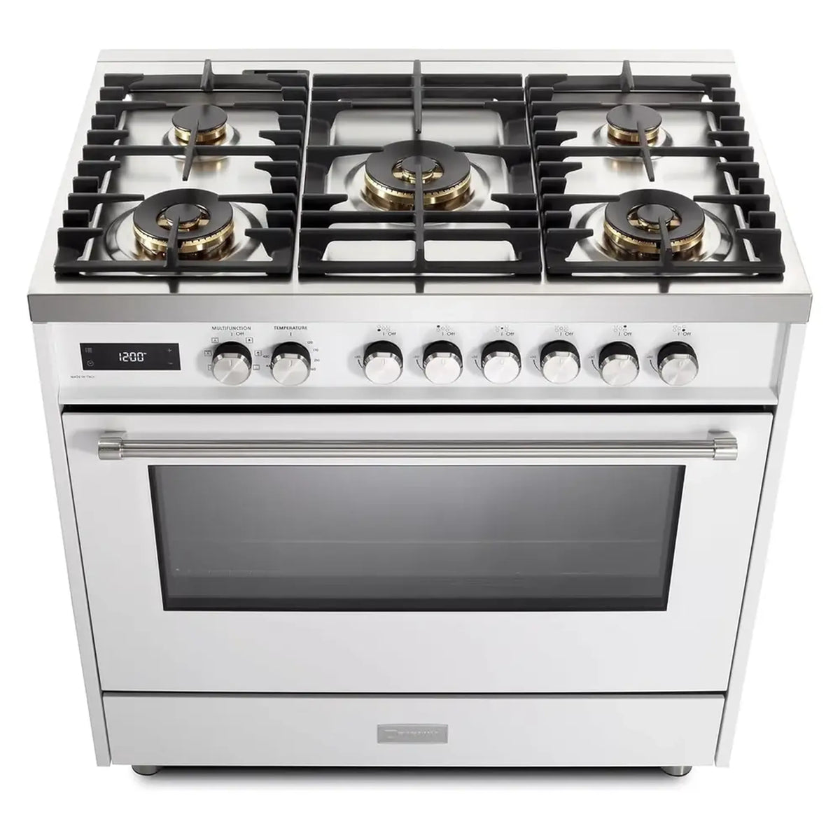 White dual fuel range front with five-burner cooktop and oven control knobs
