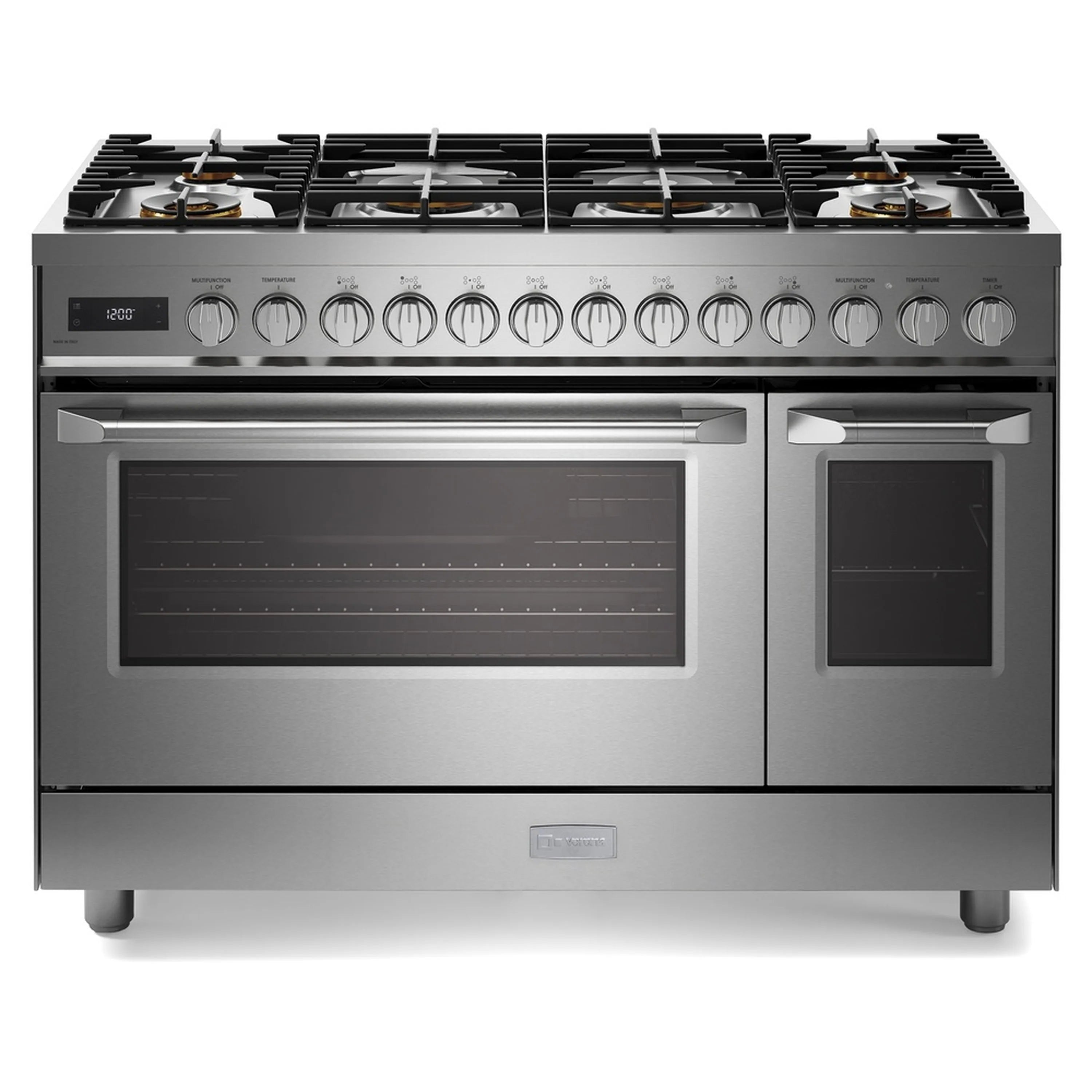 Stainless steel dual-fuel range with six brass gas burners and two oven doors