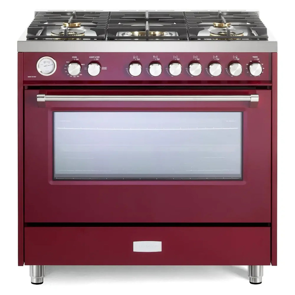 Burgundy gas range with five sealed burners and oven viewing window