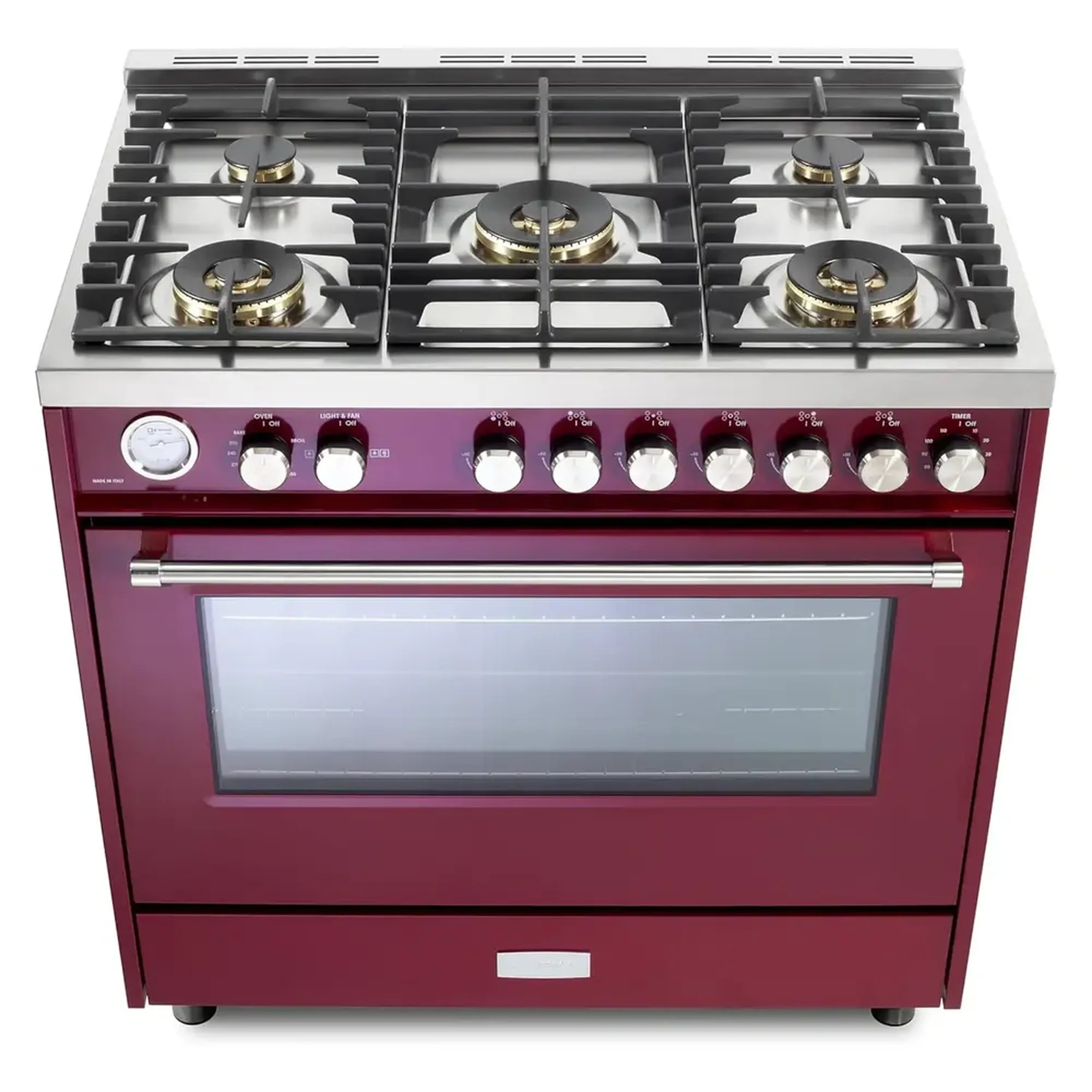 Burgundy gas range with five burners and oven door, front view