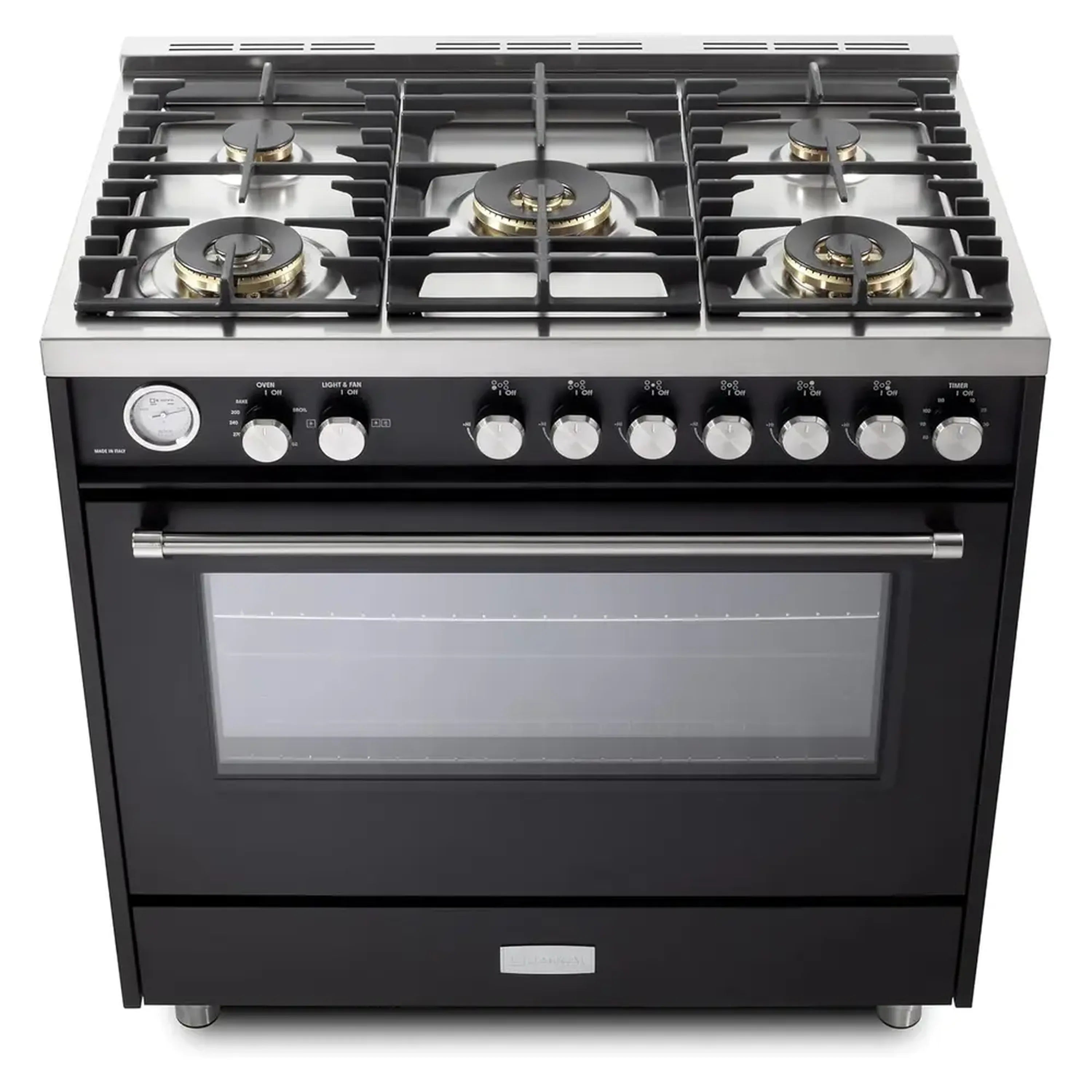 Matte black gas range with 5 sealed burners and closed oven door, top view