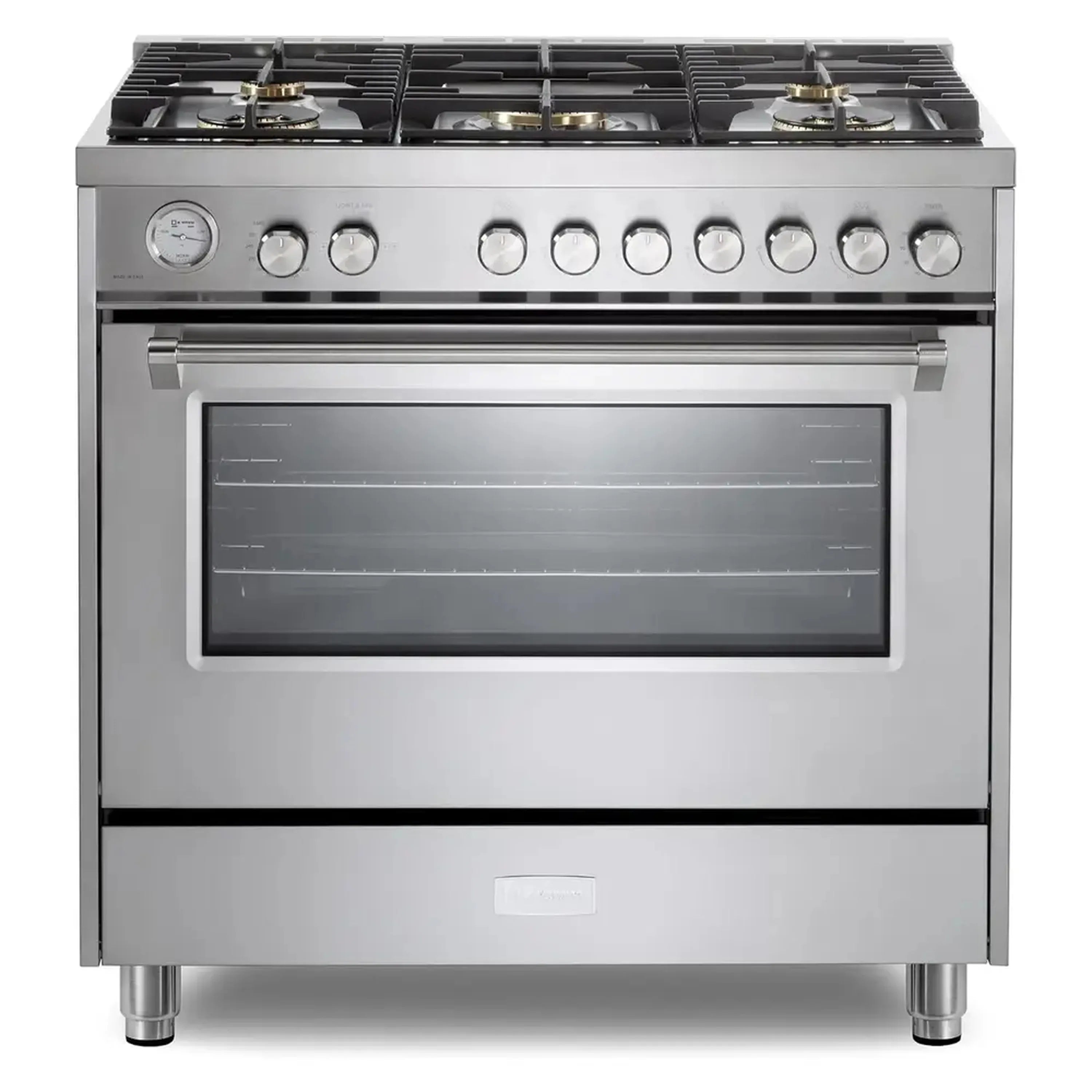 Stainless steel gas range with 5 sealed burners and front control panel