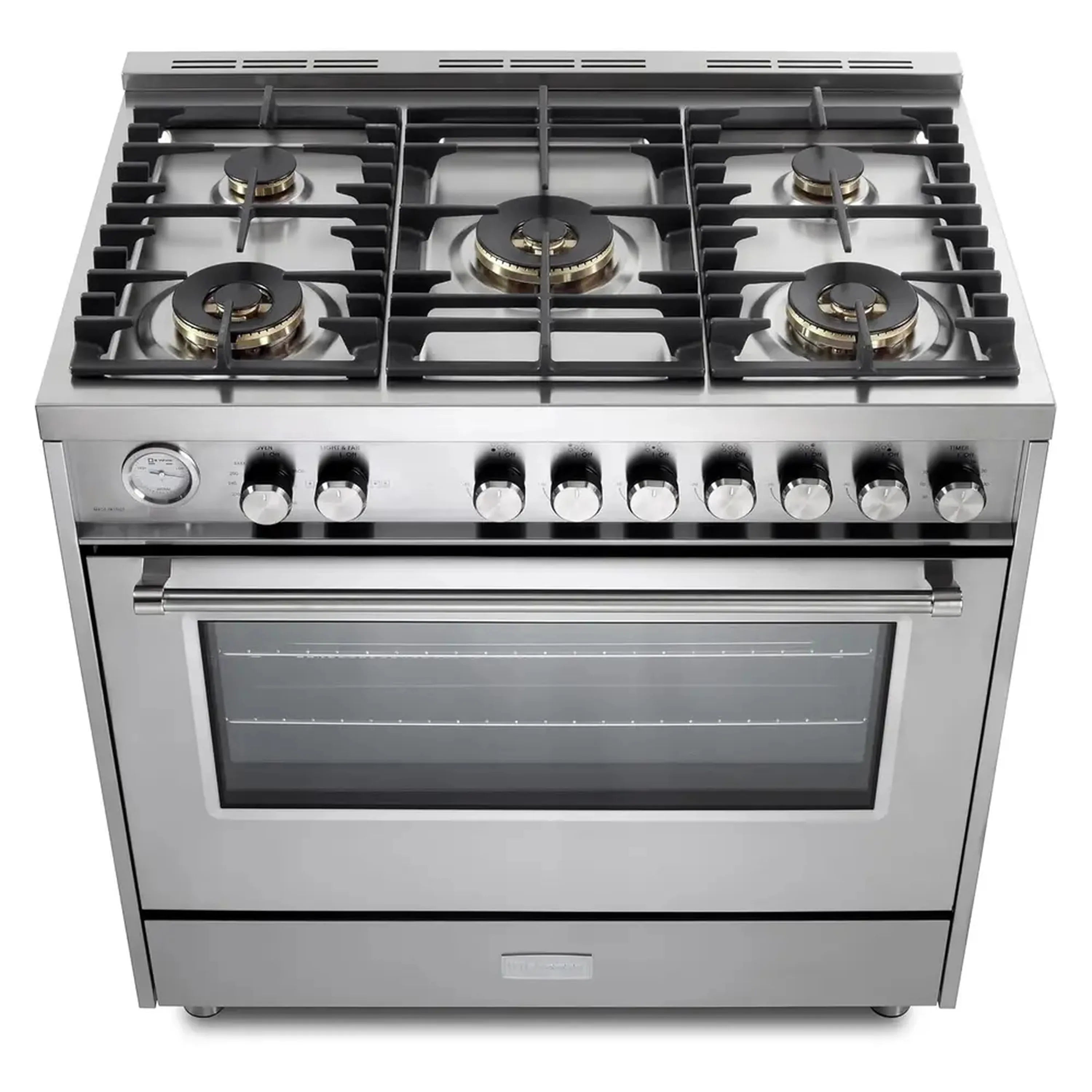 Stainless steel 36-inch gas range with 5 sealed burners and glass oven door