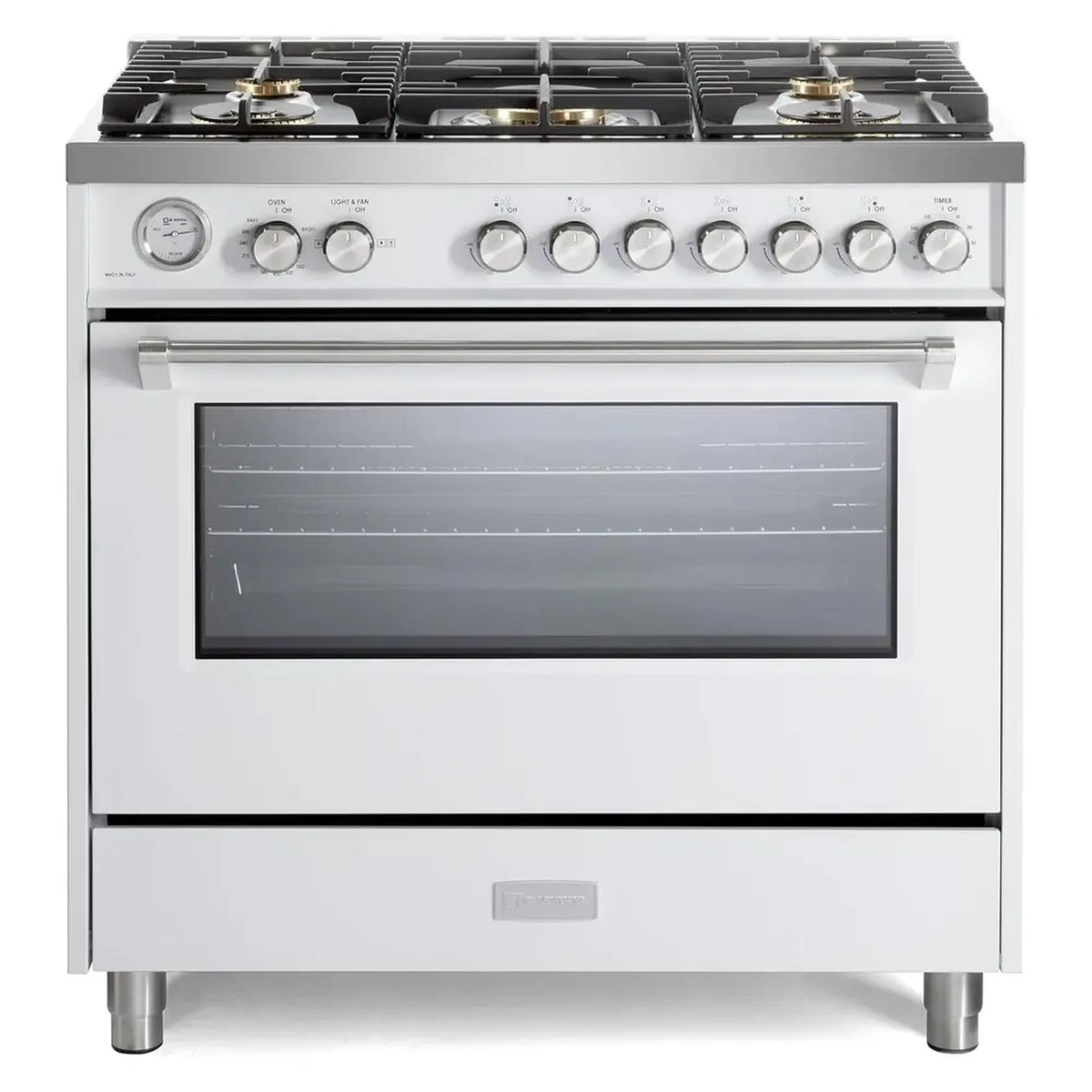 White 36-inch gas range with closed oven door, burner grates, and control knobs