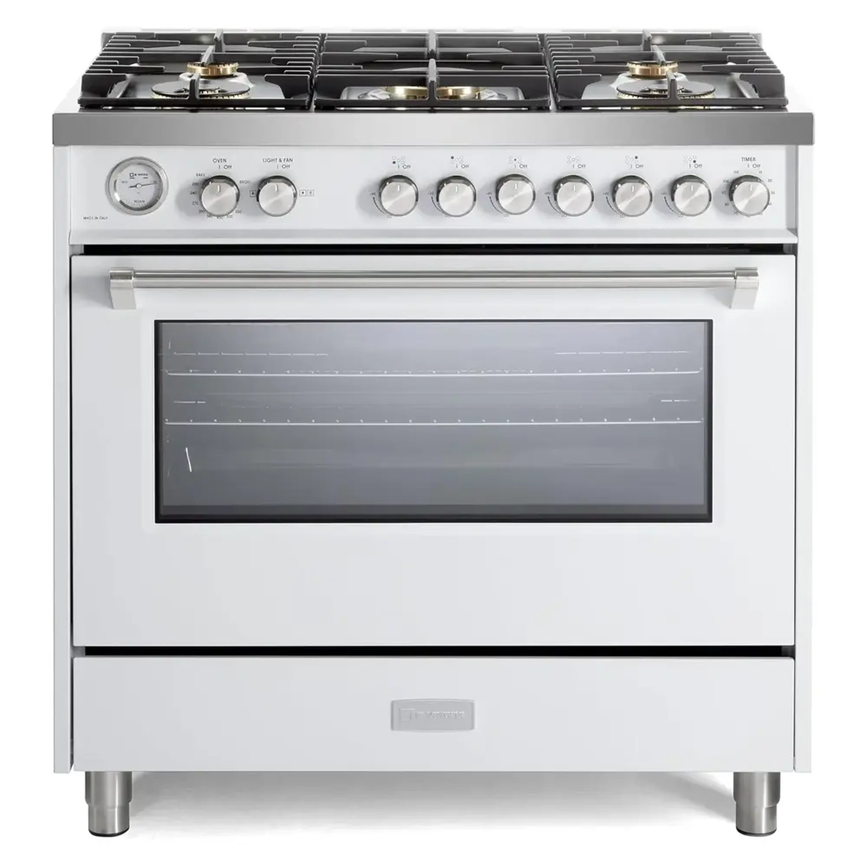 White gas range with five sealed burners and a see-through oven window