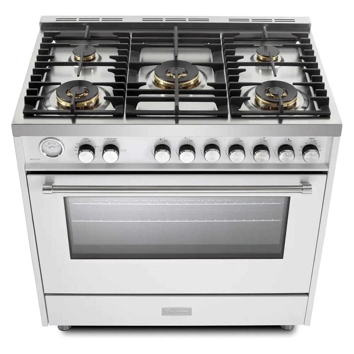 White gas range top with five burners, control knobs, and oven door handle