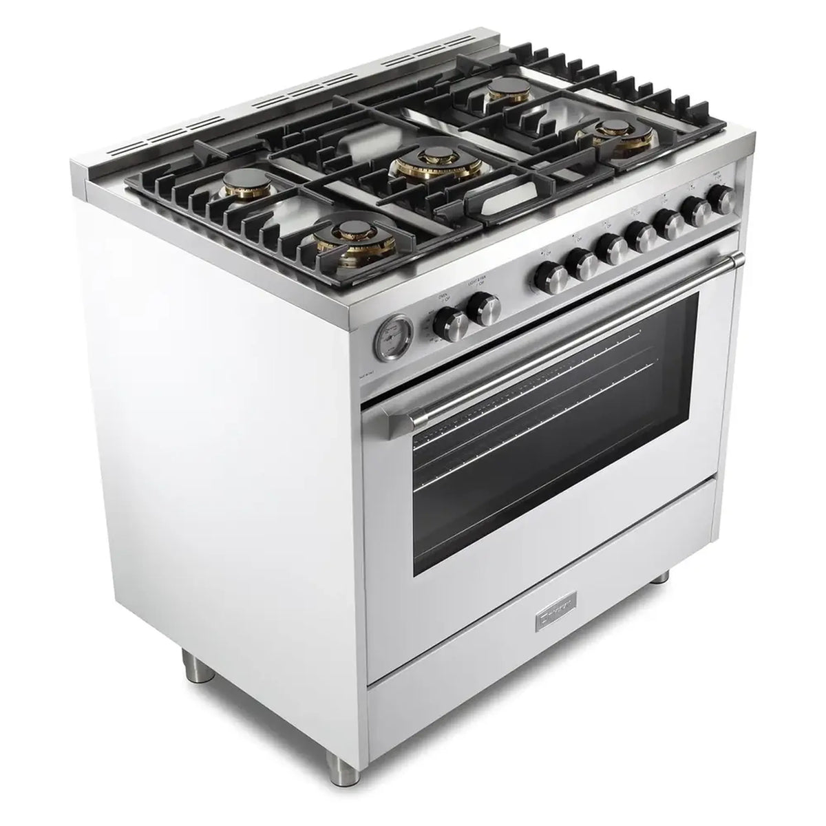 White gas range with black burner grates, control knobs, and oven window