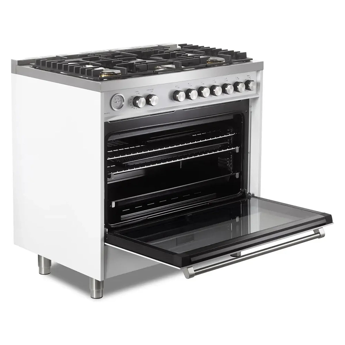 White gas range with oven door open and five burners on black grates