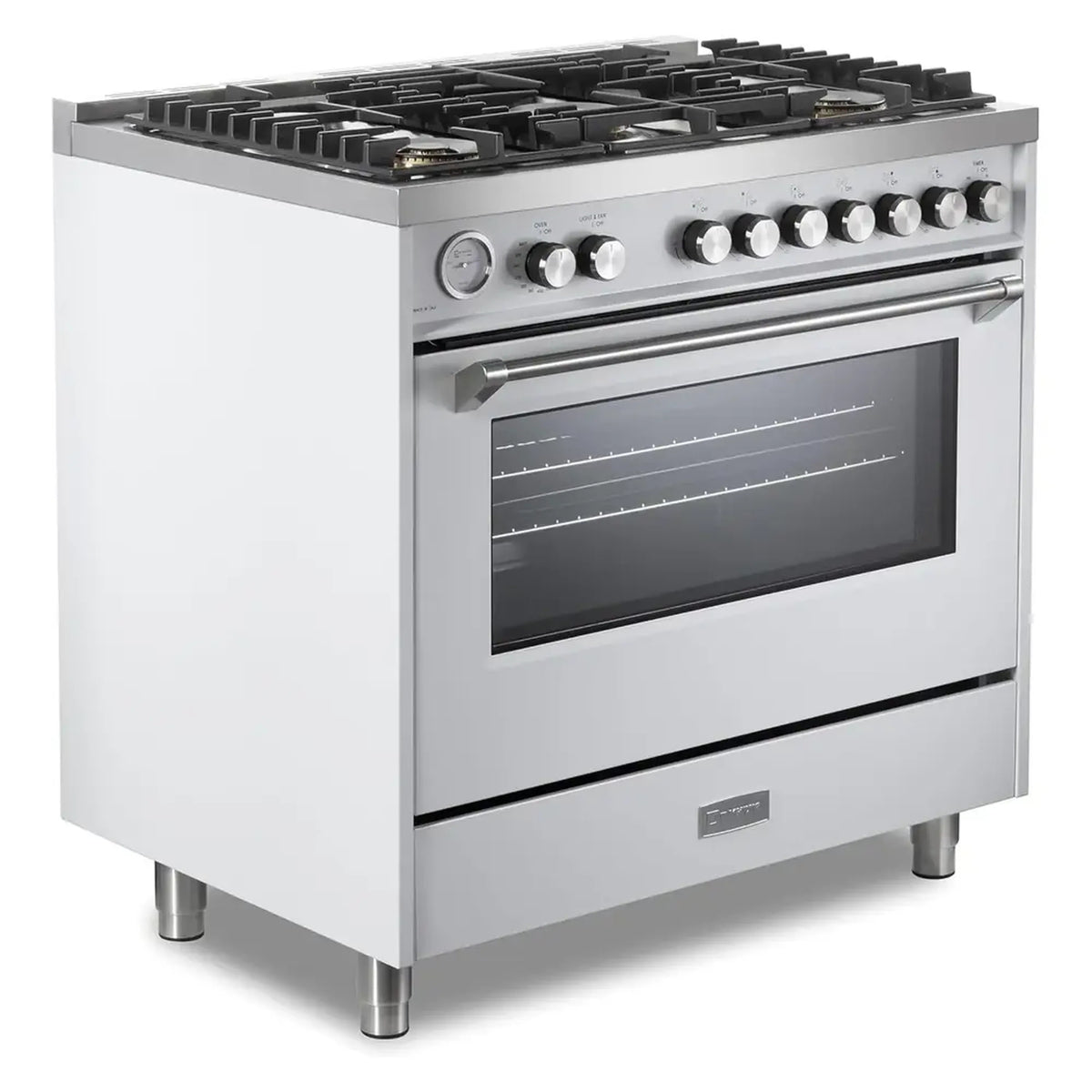 White freestanding gas range with five burners and oven window