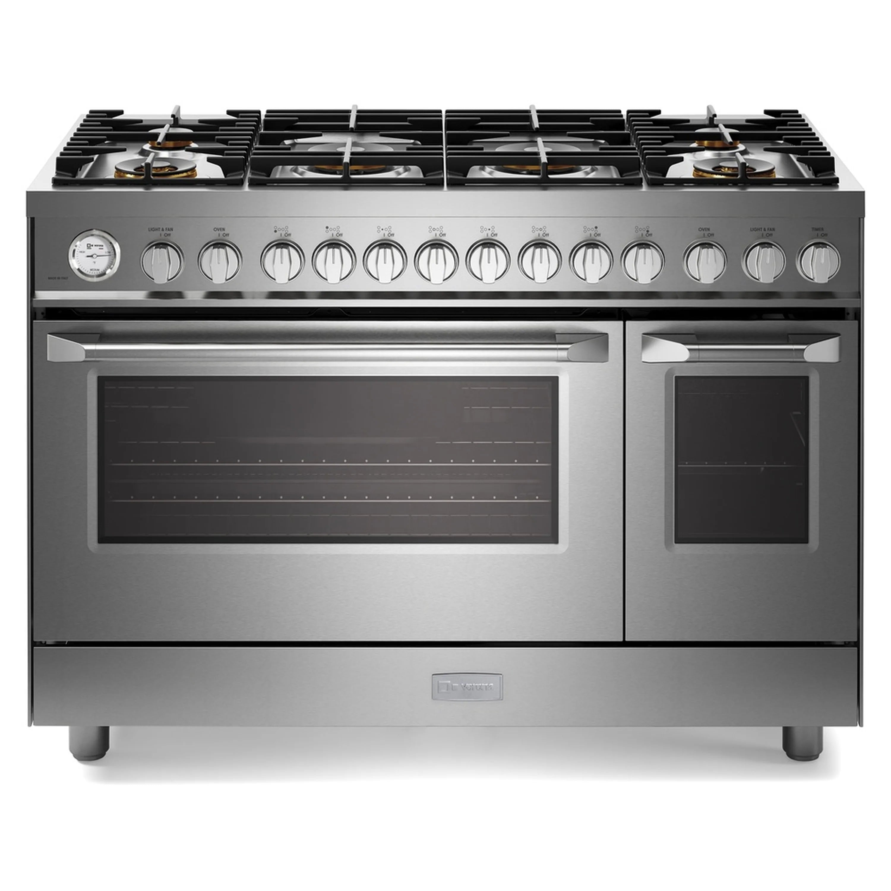 Stainless steel 48-inch gas range with burner grates and oven doors