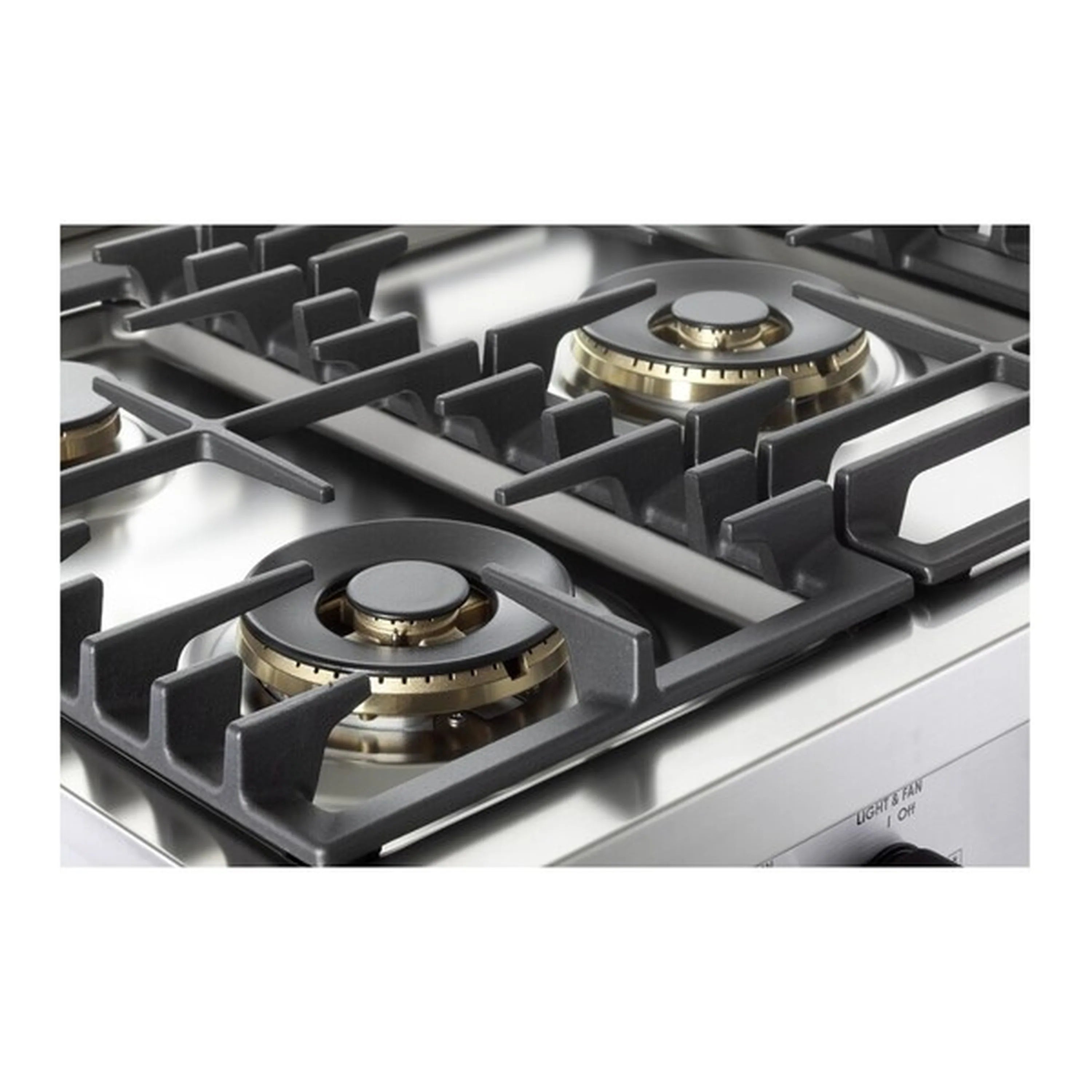 Stainless steel gas cooktop with brass-ring burners and black grates