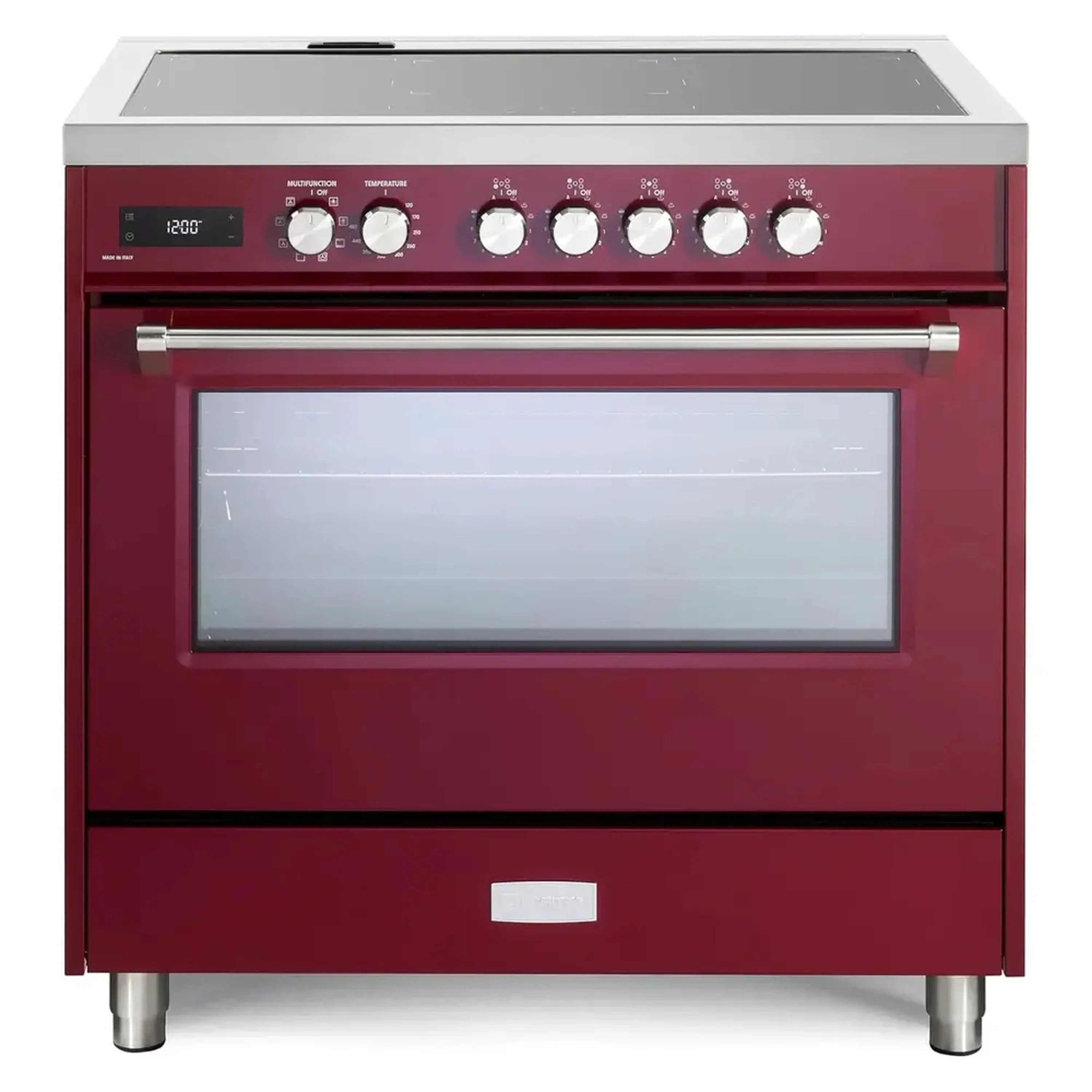 Burgundy induction range front view with glass cooktop and built-in oven handle