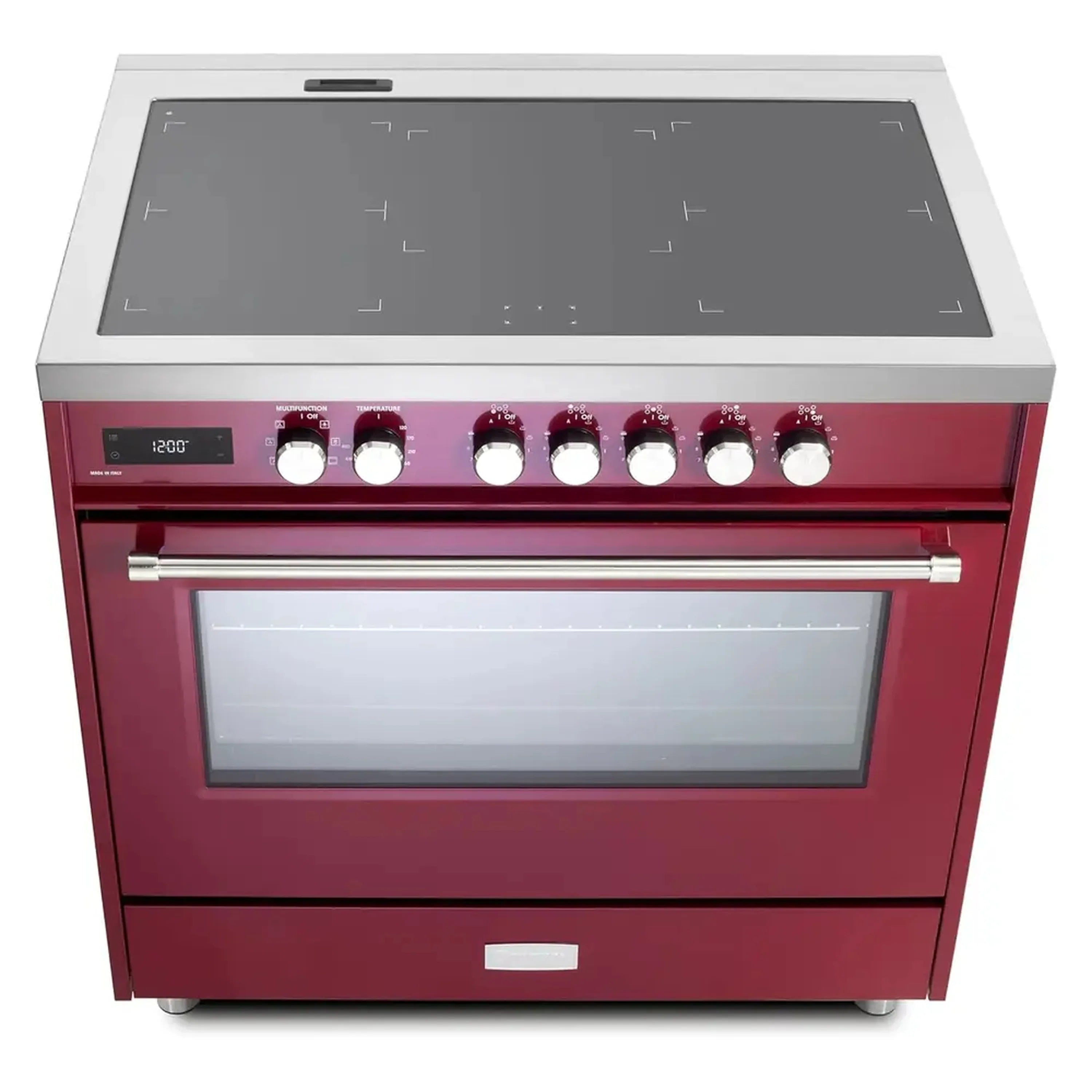 Burgundy induction range front view with smooth glass cooktop and five burner knobs