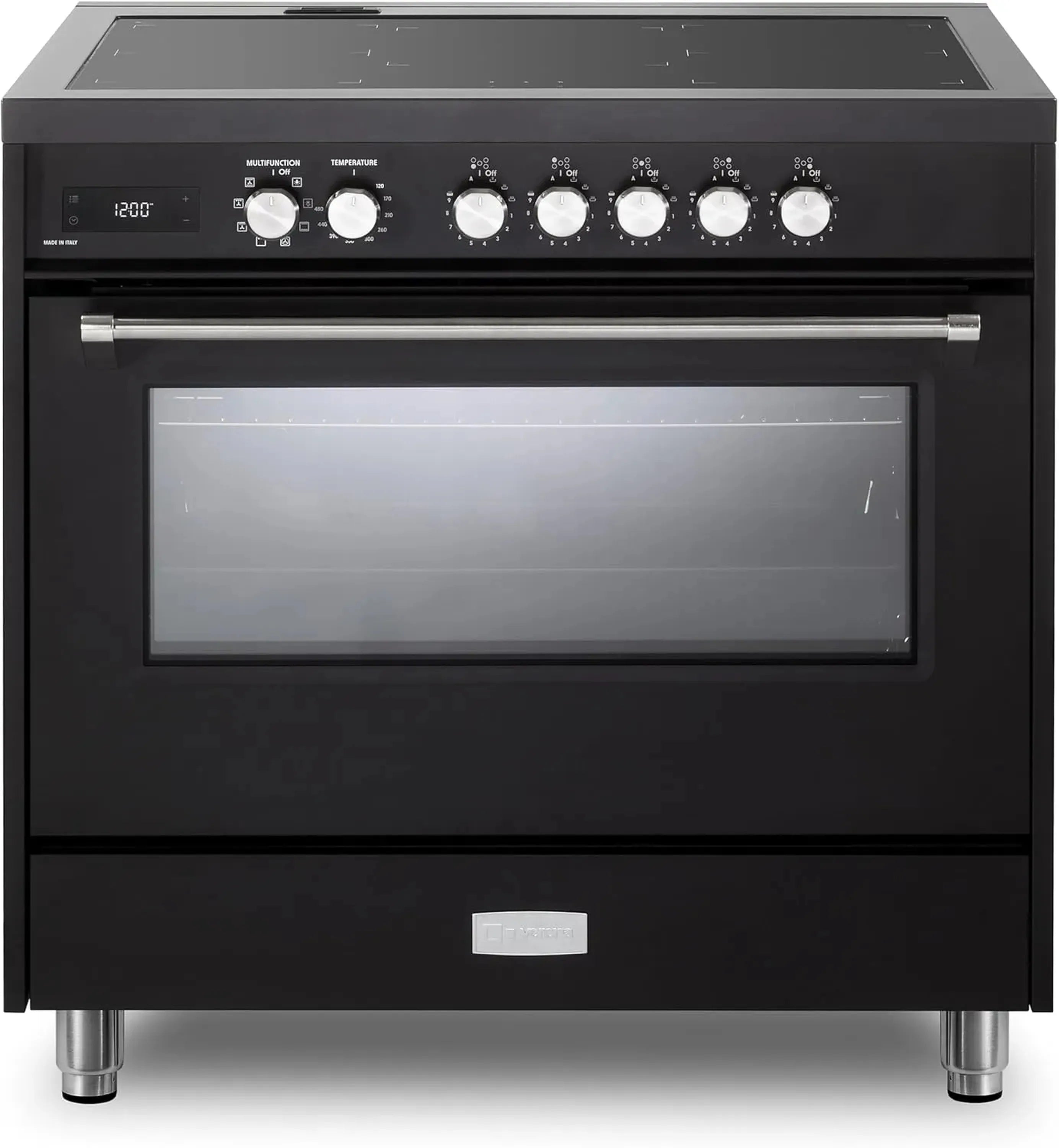 Matte black induction range with glass cooktop, control knobs, and oven door