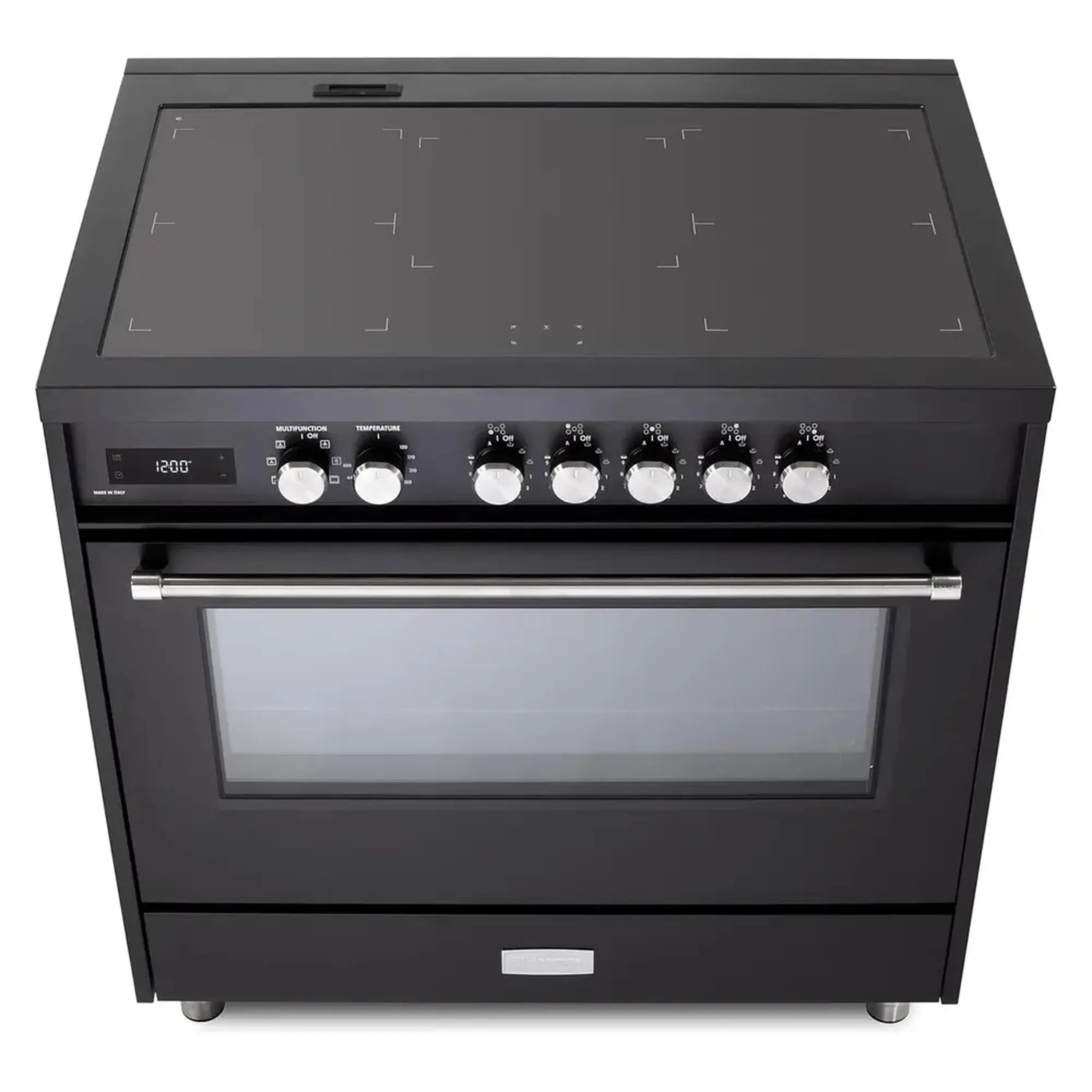 Matte black induction range with glass cooktop, knob row, and front oven window