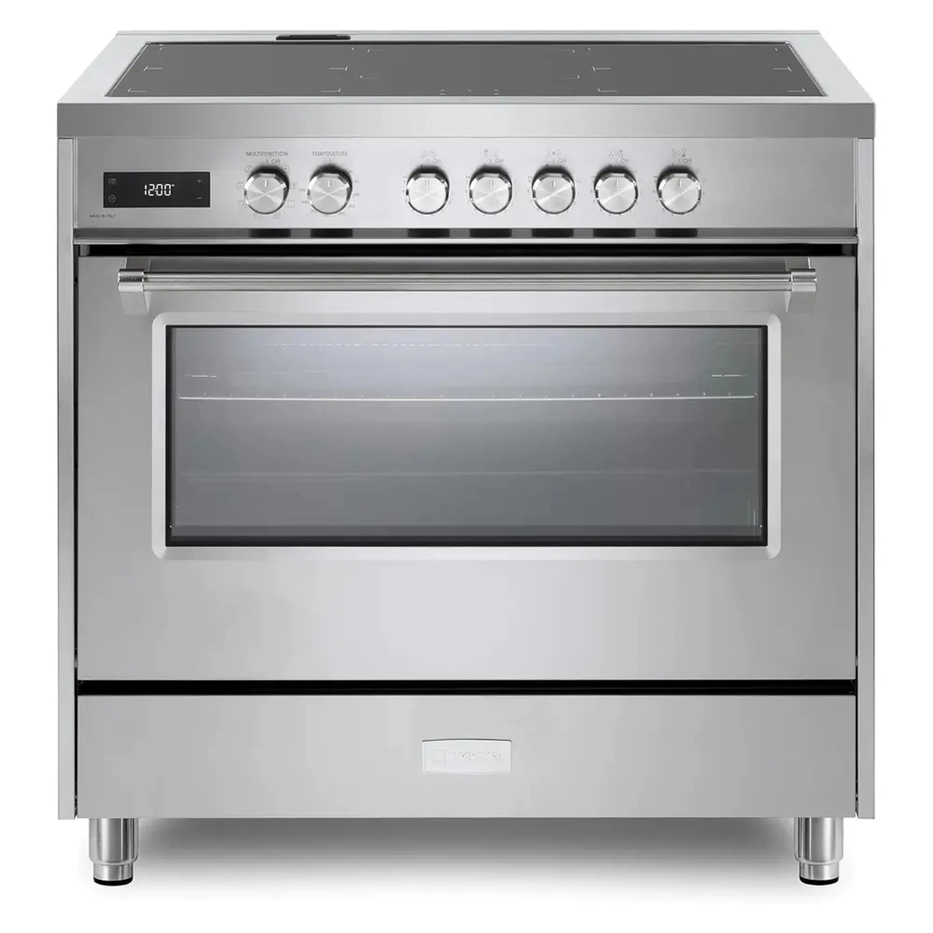 Stainless steel induction range with black glass cooktop and oven door window