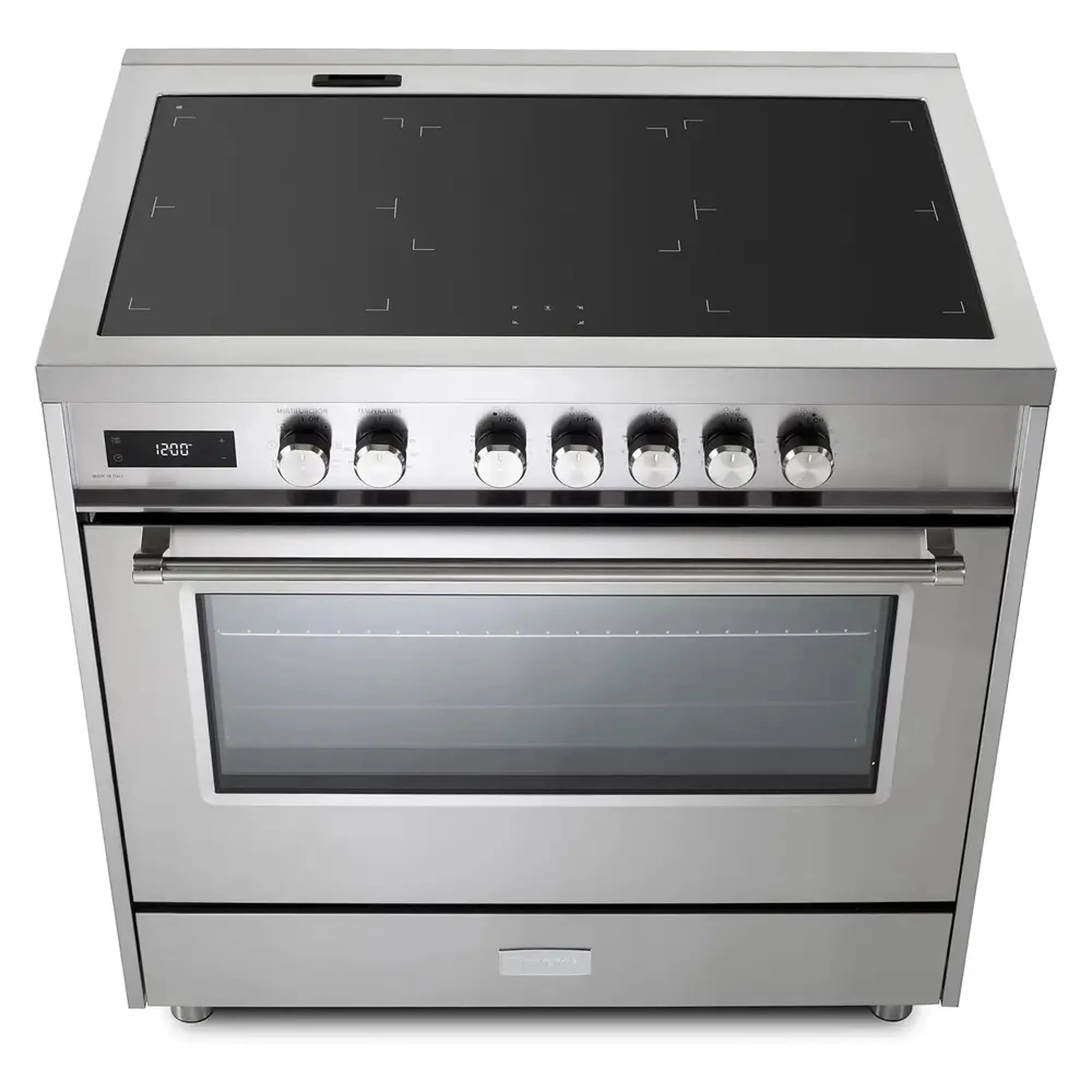 Stainless steel induction range front with black glass cooktop, knobs, and oven door