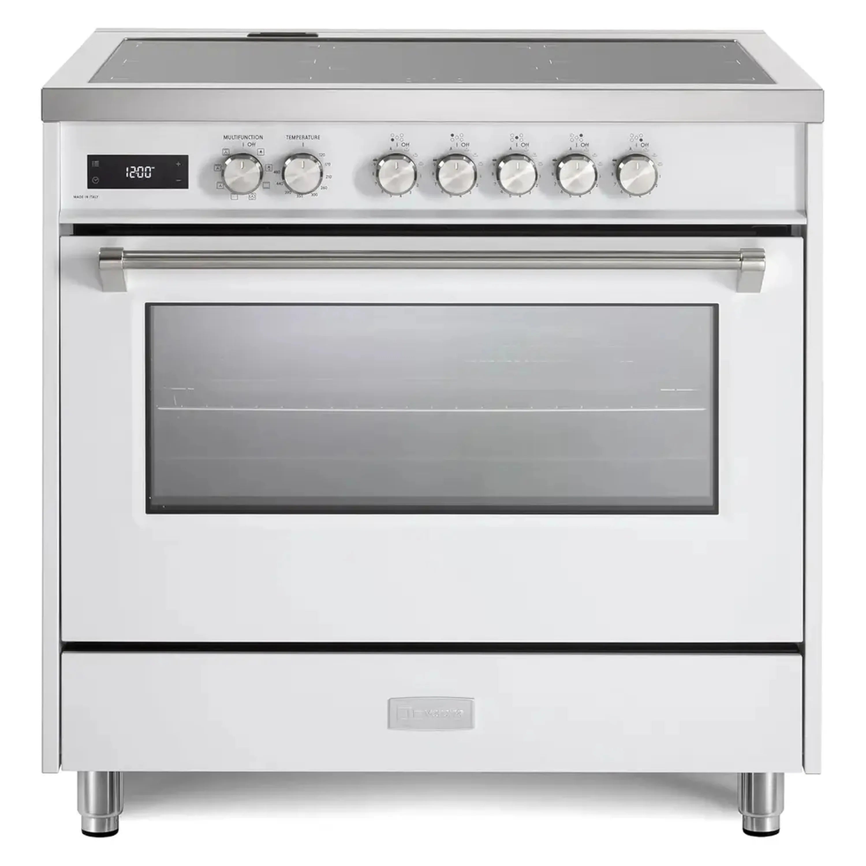 White 36-inch induction range with black glass cooktop, oven door and front handle