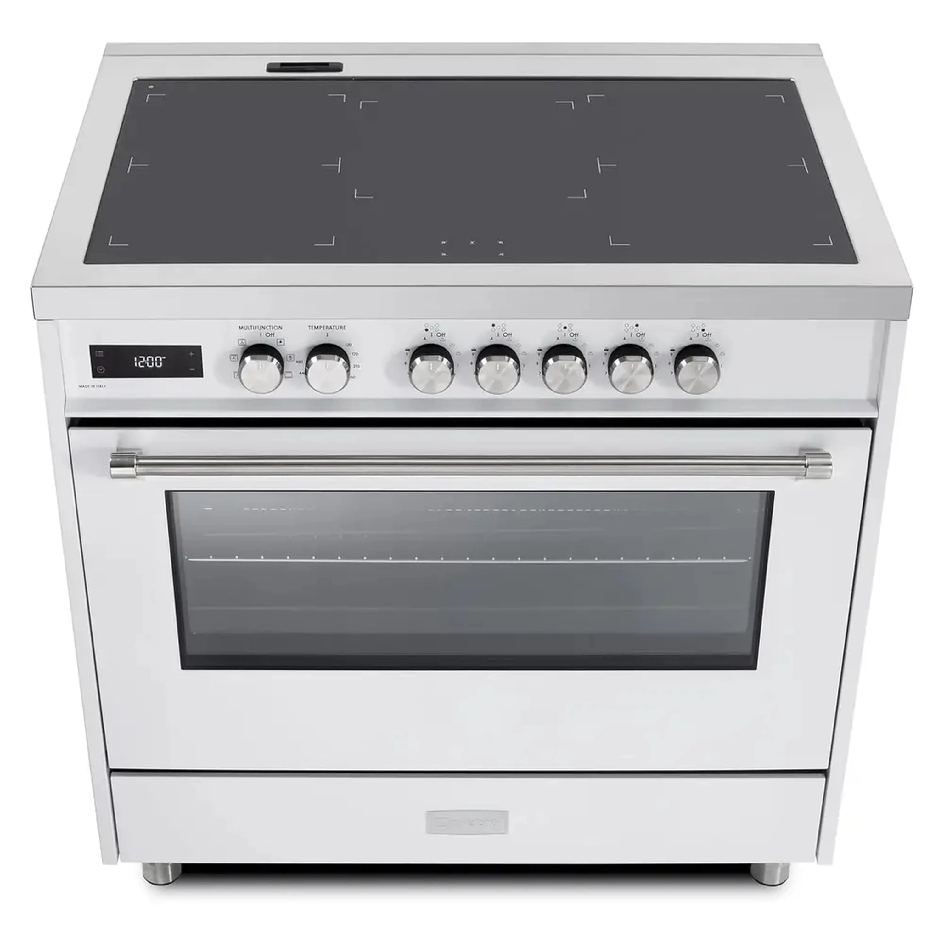 White 36-inch induction range, black glass cooktop and 5 front burner knobs