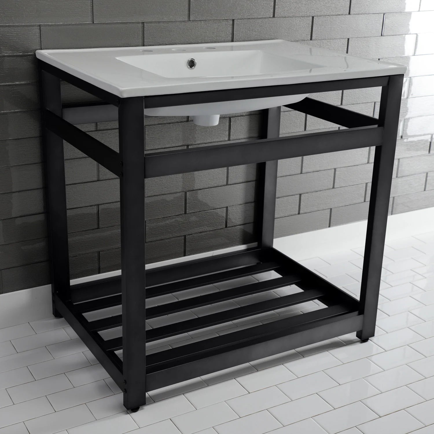 Matte black steel console base with lower shelf under a white ceramic sink top