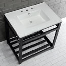 Kingston Brass Quadras 31" Ceramic Console Sink with Steel Base and Shelf (8-Inch, 3-Hole), White/Matte Black (VWP3122W8A0)