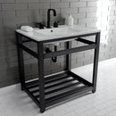 Kingston Brass Quadras 31" Ceramic Console Sink with Steel Base and Shelf (8-Inch, 3-Hole), White/Matte Black (VWP3122W8A0)