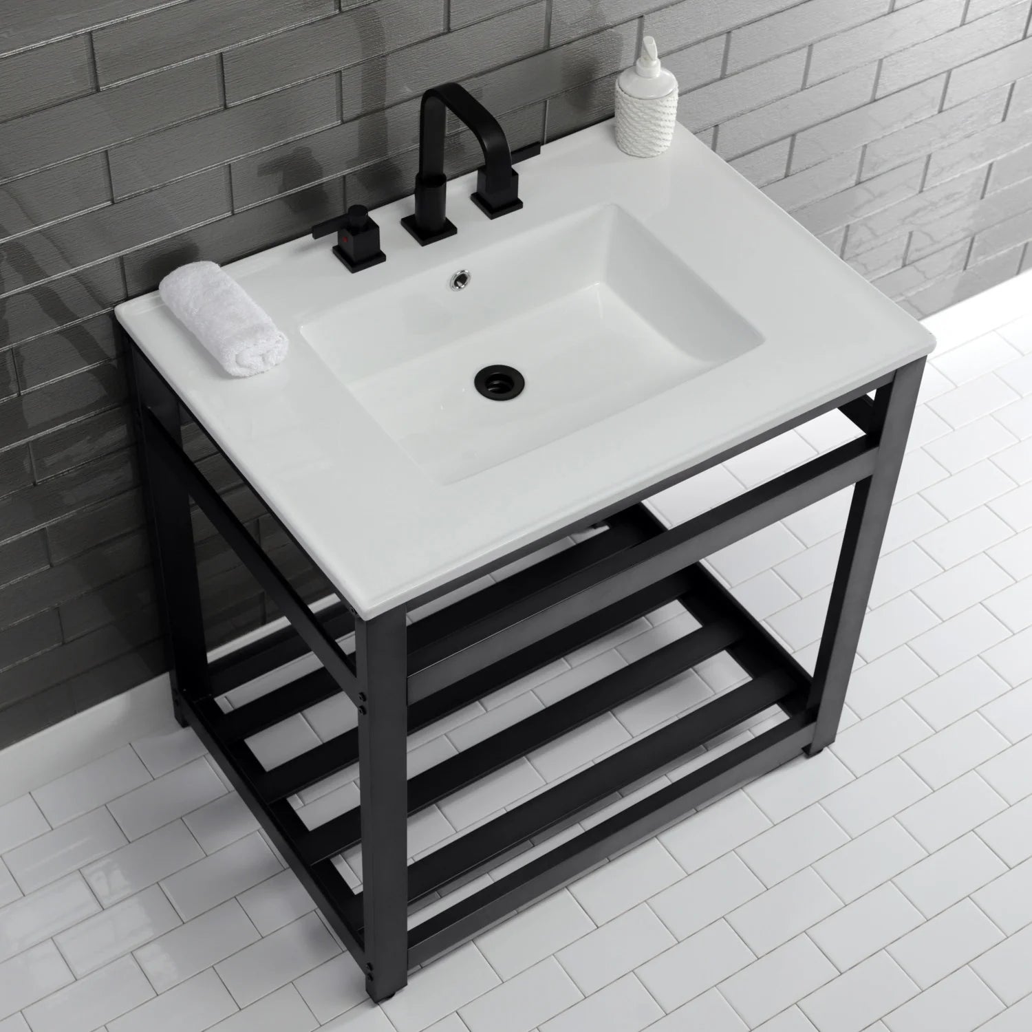 White ceramic console sink vanity with matte black steel frame and open shelving