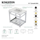 Kingston Brass Quadras 31" Ceramic Console Sink with Steel Base and Shelf (8-Inch, 3-Hole), White/Brushed Brass (VWP3122W8A7)