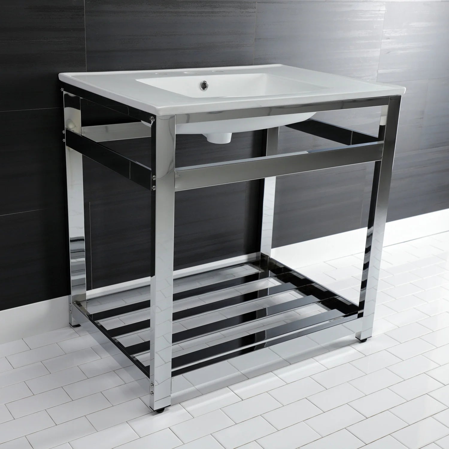 White ceramic console sink with chrome steel legs and open slatted storage shelf, centered basin