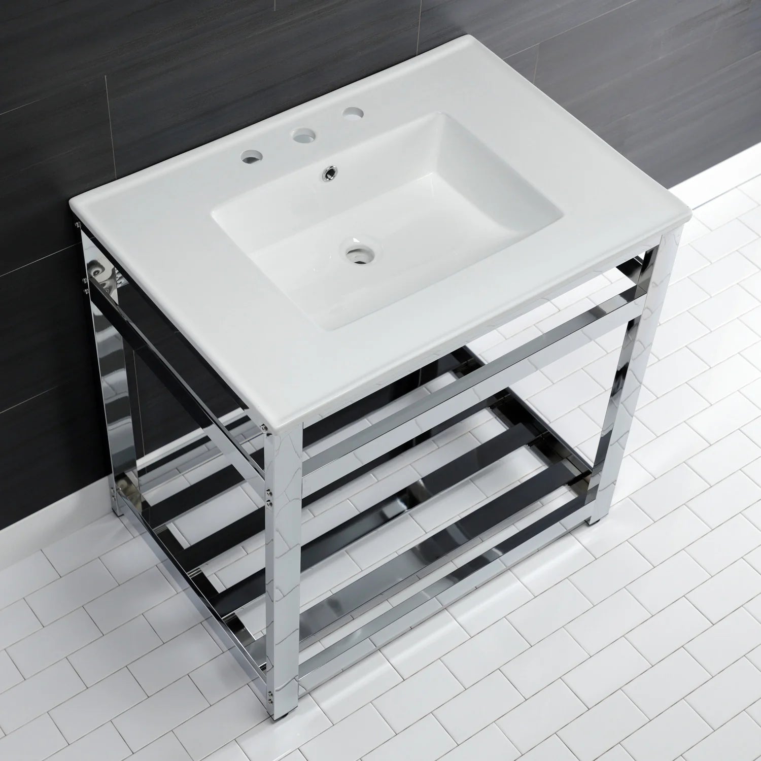 Top view of white ceramic console sink with three holes on a chrome steel frame