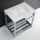 Kingston Brass Quadras 31" Ceramic Console Sink with Steel Base and Shelf (8-Inch, 3-Hole), White/Chrome (VWP3122W8A1)
