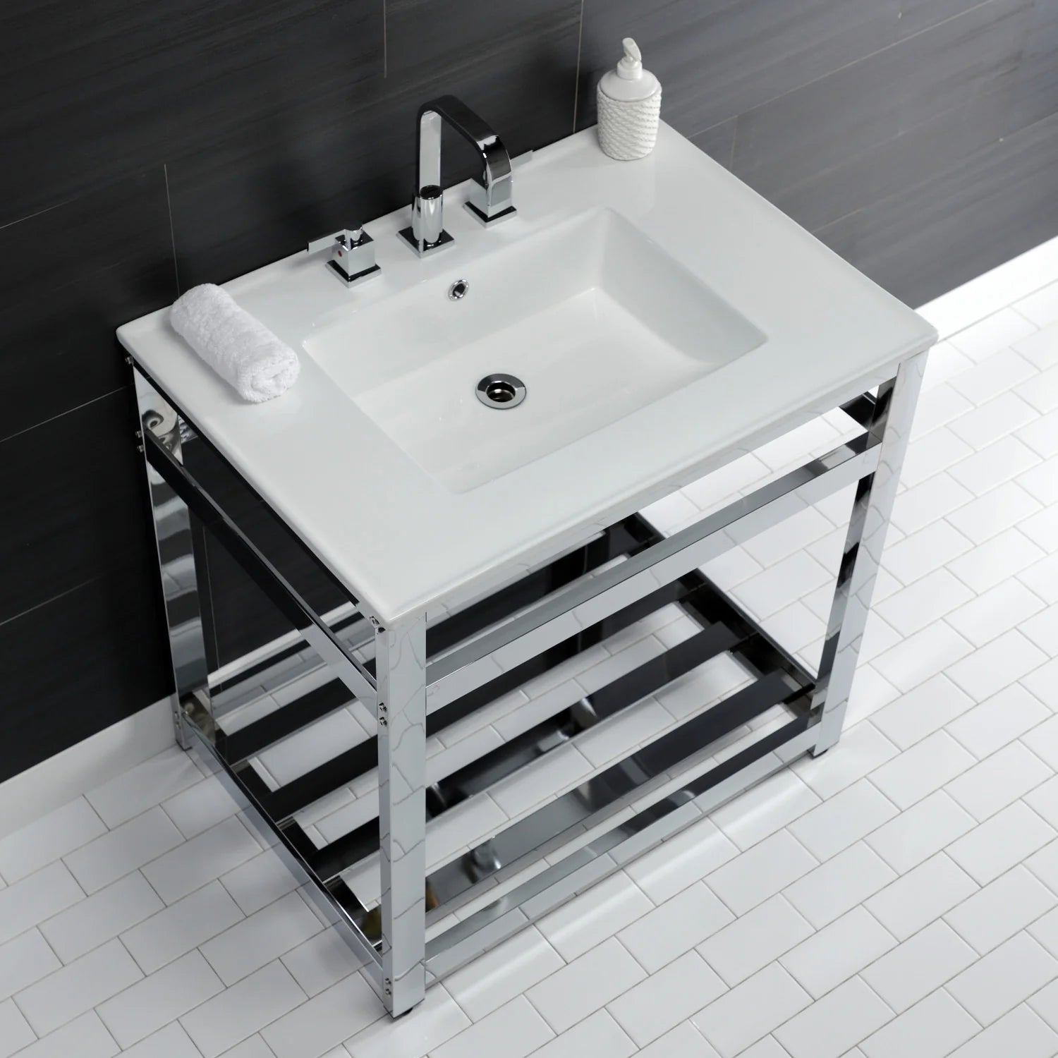 White ceramic console sink with chrome faucet, side shelves, and open slatted storage shelf