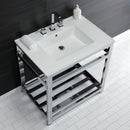 Kingston Brass Quadras 31" Ceramic Console Sink with Steel Base and Shelf (8-Inch, 3-Hole), White/Chrome (VWP3122W8A1)