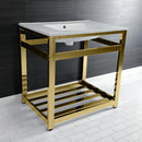 Kingston Brass Quadras 31" Ceramic Console Sink with Steel Base and Shelf (8-Inch, 3-Hole), White/Polished Brass (VWP3122W8A2)