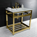 Kingston Brass Quadras 31" Ceramic Console Sink with Steel Base and Shelf (8-Inch, 3-Hole), White/Polished Brass (VWP3122W8A2)
