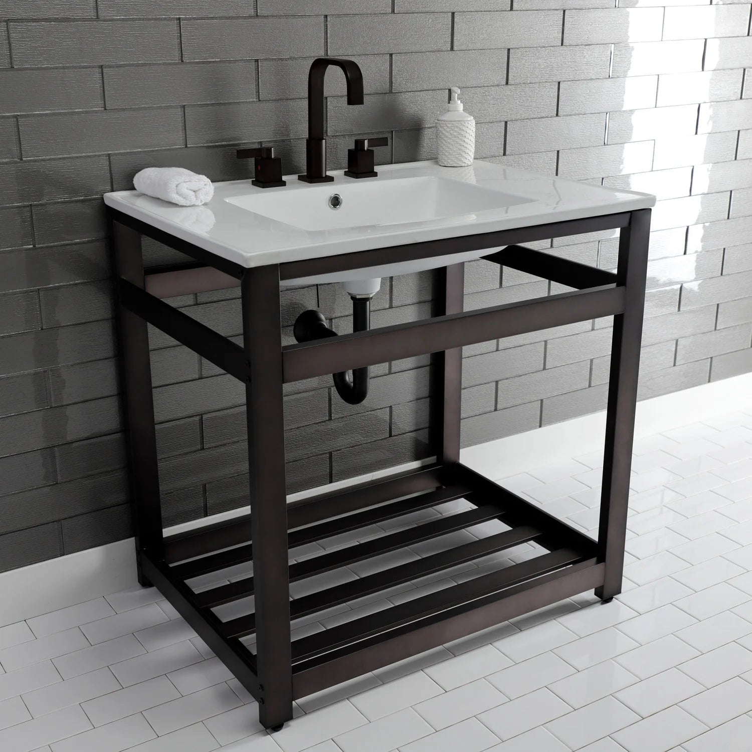 White ceramic console sink with dark bronze faucet and open lower shelf