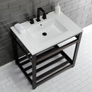 Kingston Brass Quadras 31" Ceramic Console Sink with Steel Base and Shelf (8-Inch, 3-Hole), White/Oil Rubbed Bronze (VWP3122W8A5)