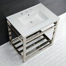 Kingston Brass Quadras 31" Ceramic Console Sink with Steel Base and Shelf (8-Inch, 3-Hole), White/Polished Nickel (VWP3122W8A6)
