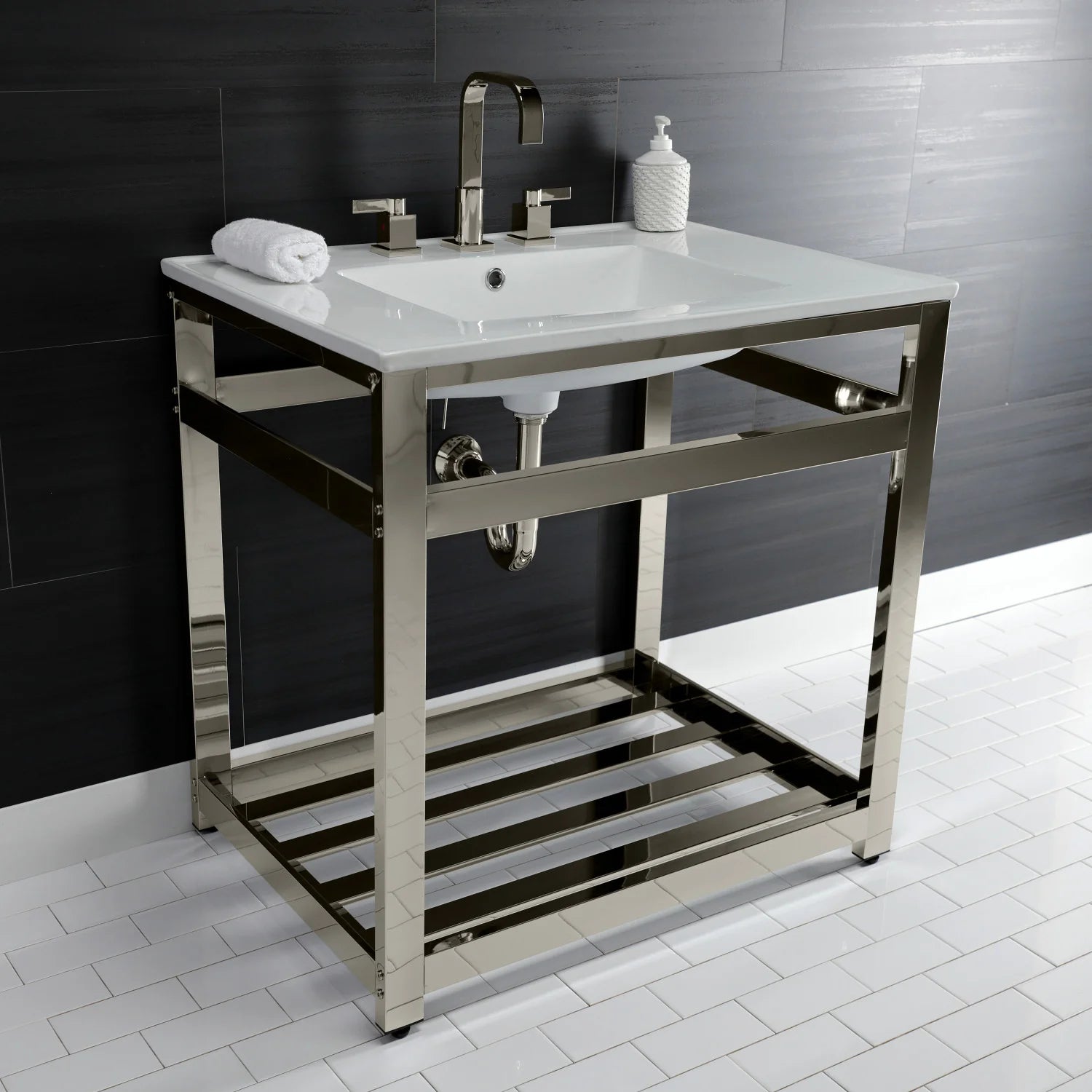 Console sink corner view: white basin on polished nickel steel base with open shelf