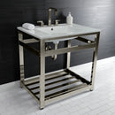 Kingston Brass Quadras 31" Ceramic Console Sink with Steel Base and Shelf (8-Inch, 3-Hole), White/Polished Nickel (VWP3122W8A6)