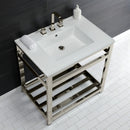 Kingston Brass Quadras 31" Ceramic Console Sink with Steel Base and Shelf (8-Inch, 3-Hole), White/Polished Nickel (VWP3122W8A6)