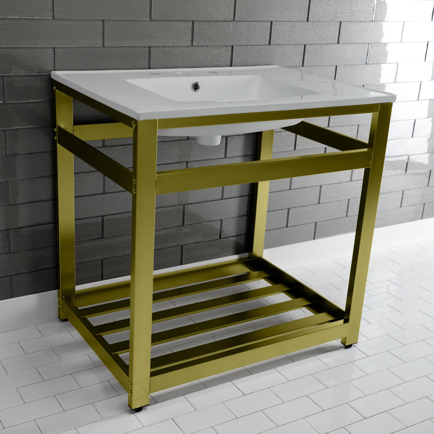 White ceramic console sink vanity with brushed brass steel frame and open shelf