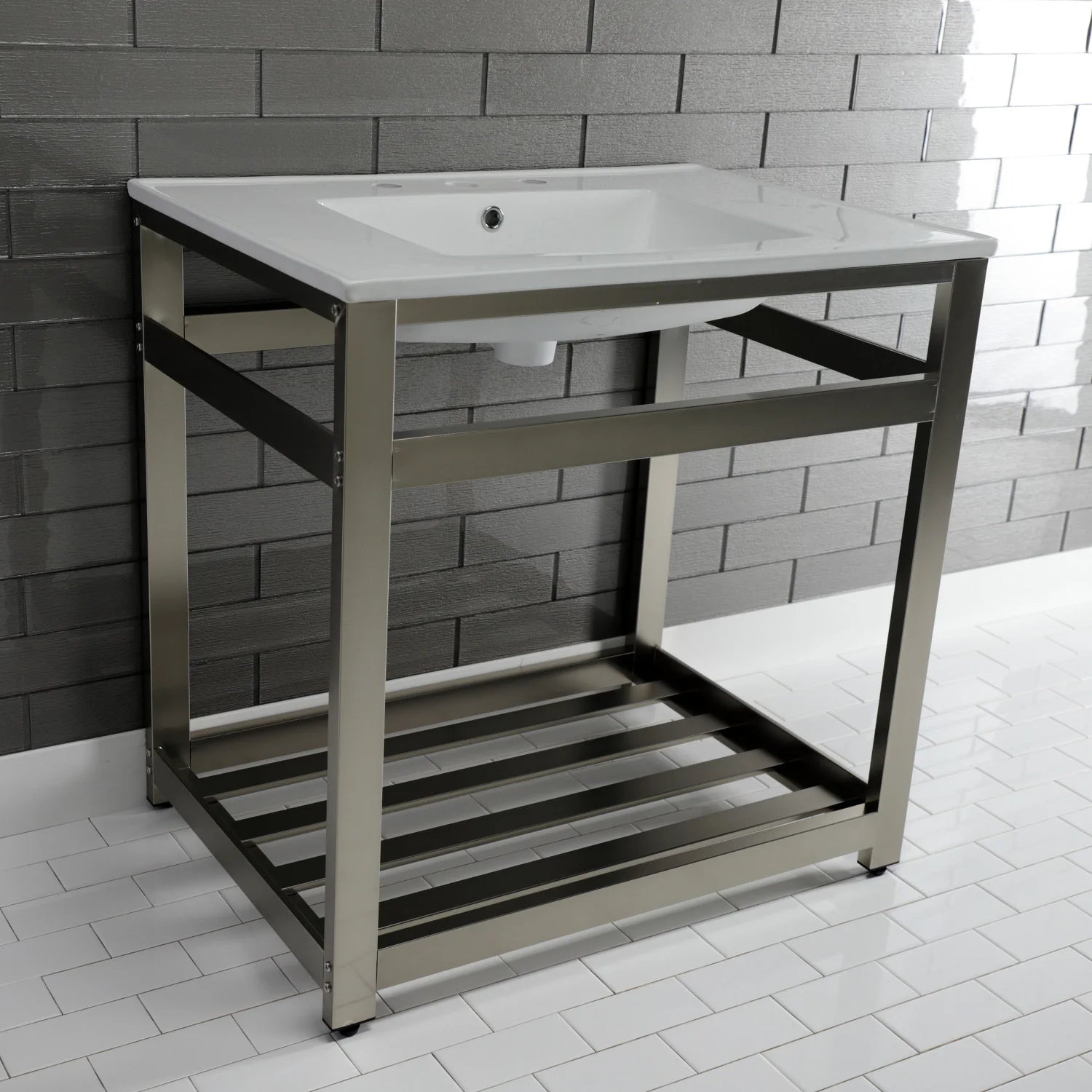 White ceramic console sink with steel base and open lower shelf, side profile