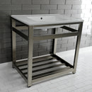 Kingston Brass Quadras 31" Ceramic Console Sink with Steel Base and Shelf (8-Inch, 3-Hole), White/Brushed Nickel (VWP3122W8A8)