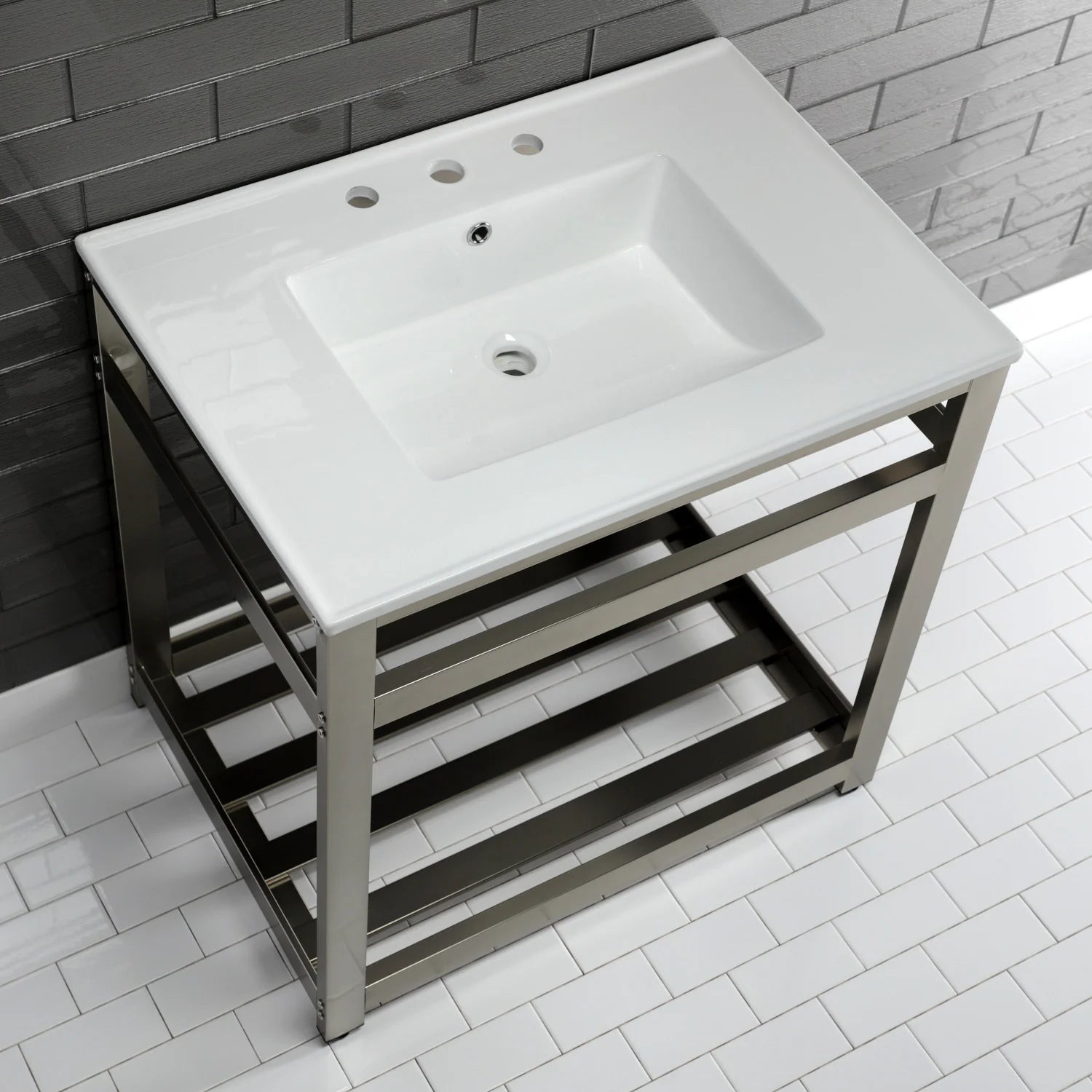 White ceramic console sink with 3-hole deck and steel frame, open storage shelf