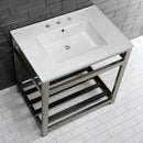 Kingston Brass Quadras 31" Ceramic Console Sink with Steel Base and Shelf (8-Inch, 3-Hole), White/Brushed Nickel (VWP3122W8A8)