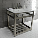 Kingston Brass Quadras 31" Ceramic Console Sink with Steel Base and Shelf (8-Inch, 3-Hole), White/Brushed Nickel (VWP3122W8A8)