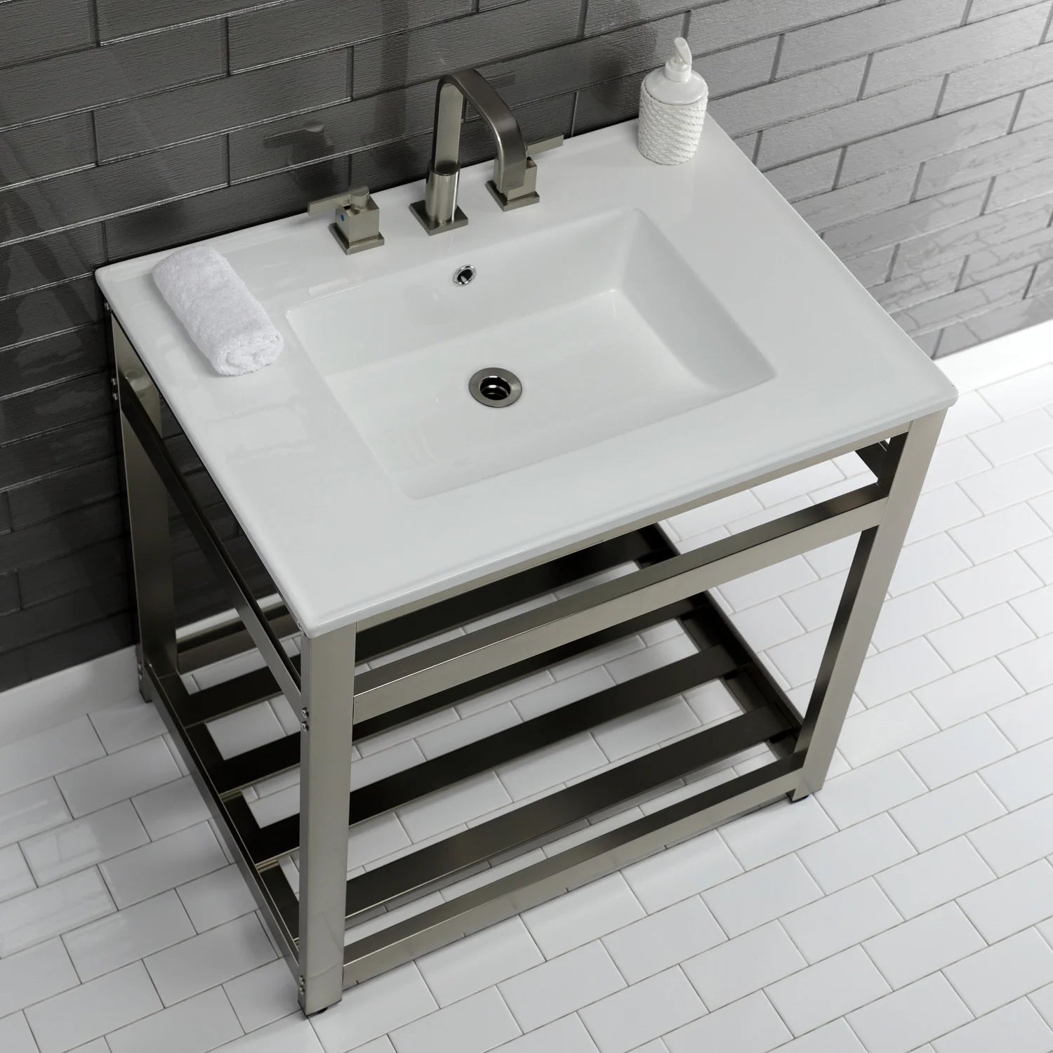 White ceramic console sink with brushed nickel faucet, steel frame and open shelf