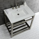 Kingston Brass Quadras 31" Ceramic Console Sink with Steel Base and Shelf (8-Inch, 3-Hole), White/Brushed Nickel (VWP3122W8A8)